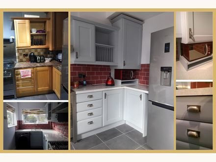 Before and after: orange-toned oak units hand-painted in white