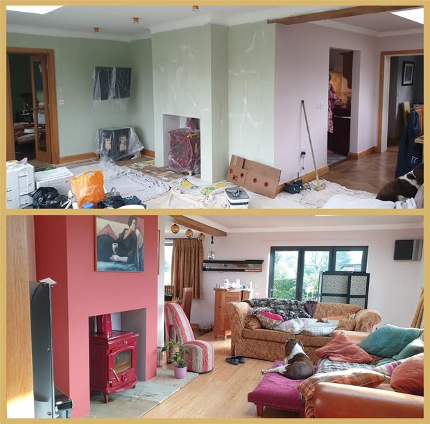 Before and after: a living room taken from deep pink to soft green