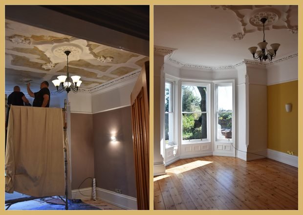 Before and after: a bay-window room with ornate ceiling, redecorated