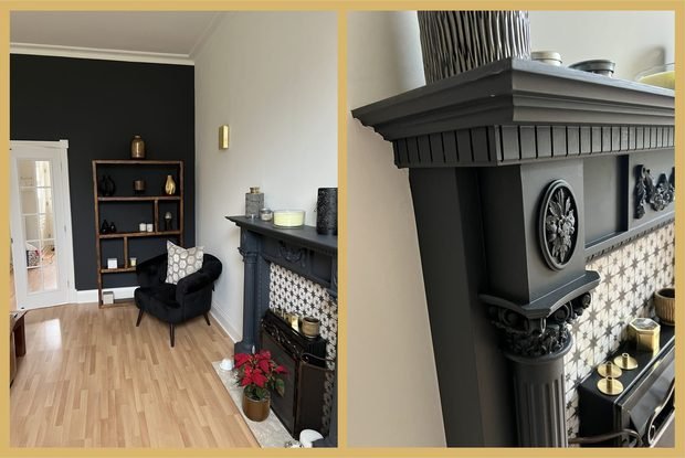 Before and after: a reception room in dark green around a cast-iron fireplace