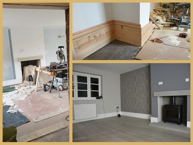 Before and after: a reception room with new skirting and a fitted stove