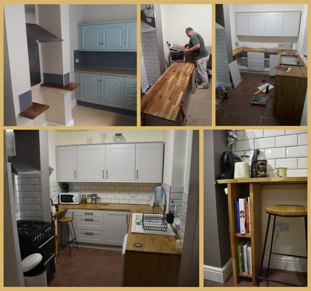 Before and after: a kitchen with fitted worktops and a breakfast bar