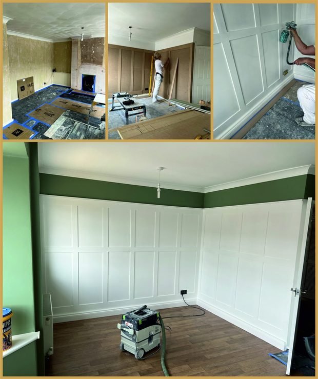 Before and after: panelling built and painted below a green wall