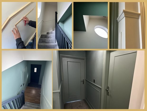 Before and after: hallway panelling and doors finished in soft green