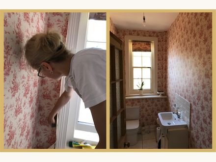 Before and after: a cloakroom papered in a red toile